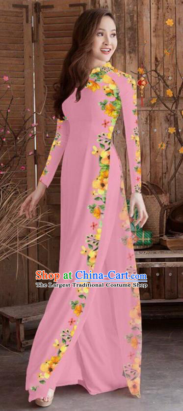 Asian Vietnam Traditional Printing Cheongsam Vietnamese Pink Ao Dai Qipao Dress for Women