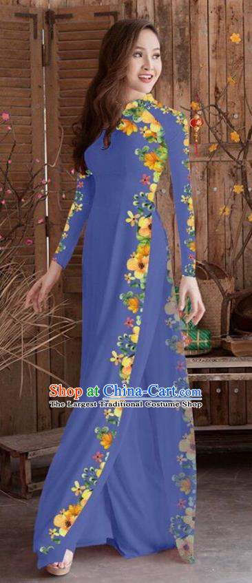 Asian Vietnam Traditional Printing Cheongsam Vietnamese Navy Ao Dai Qipao Dress for Women