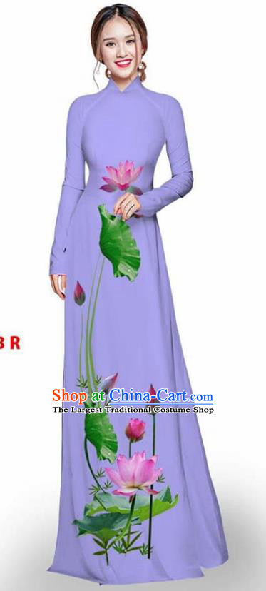 Asian Vietnam Traditional Lilac Cheongsam Vietnamese Printing Lotus Ao Dai Qipao Dress for Women