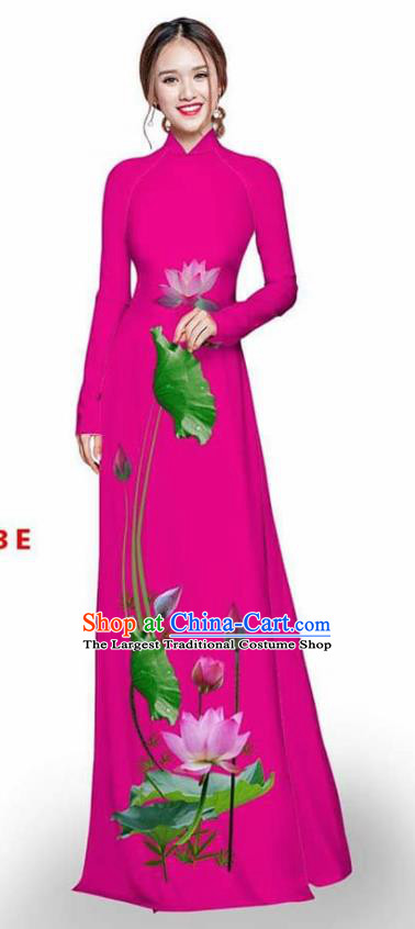 Asian Vietnam Traditional Rosy Cheongsam Vietnamese Printing Lotus Ao Dai Qipao Dress for Women