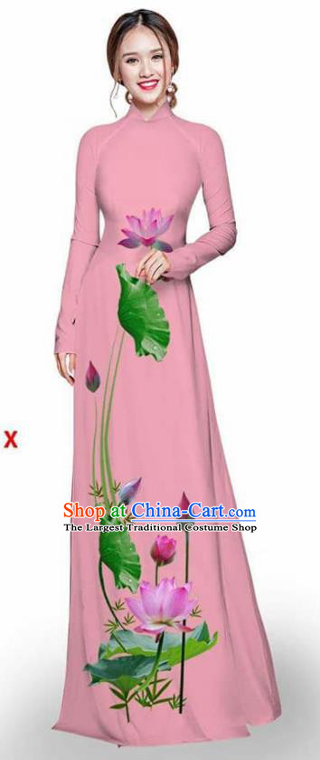 Asian Vietnam Traditional Pink Cheongsam Vietnamese Printing Lotus Ao Dai Qipao Dress for Women