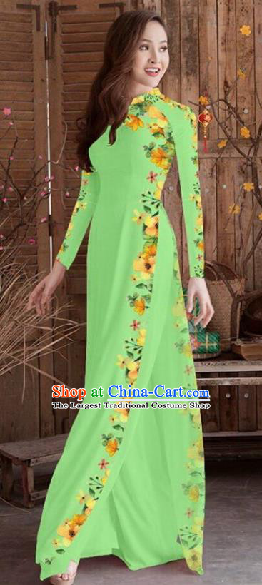 Asian Vietnam Traditional Printing Cheongsam Vietnamese Light Green Ao Dai Qipao Dress for Women