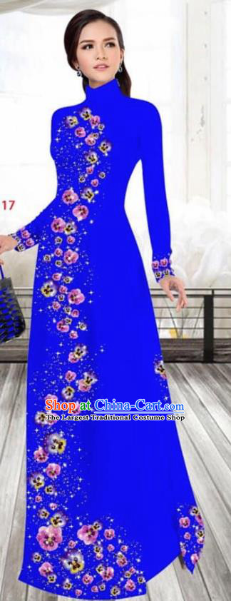 Asian Vietnam Traditional Female Costume Vietnamese Printing Royalblue Cheongsam Ao Dai Qipao Dress for Women