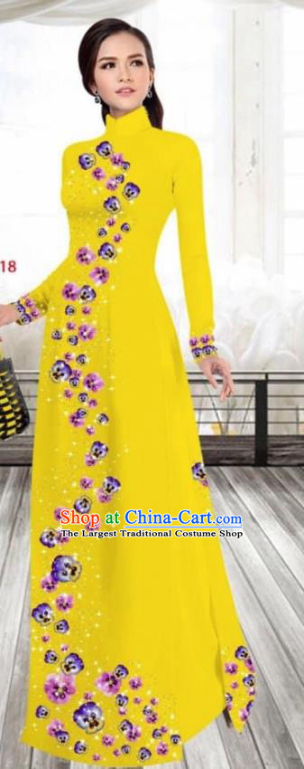 Asian Vietnam Traditional Female Costume Vietnamese Printing Bright Yellow Cheongsam Ao Dai Qipao Dress for Women