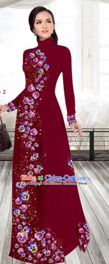 Asian Vietnam Traditional Female Costume Vietnamese Printing Purplish Red Cheongsam Ao Dai Qipao Dress for Women