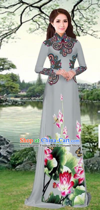 Asian Traditional Vietnam Female Costume Vietnamese Printing Lotus Grey Cheongsam Ao Dai Qipao Dress for Women