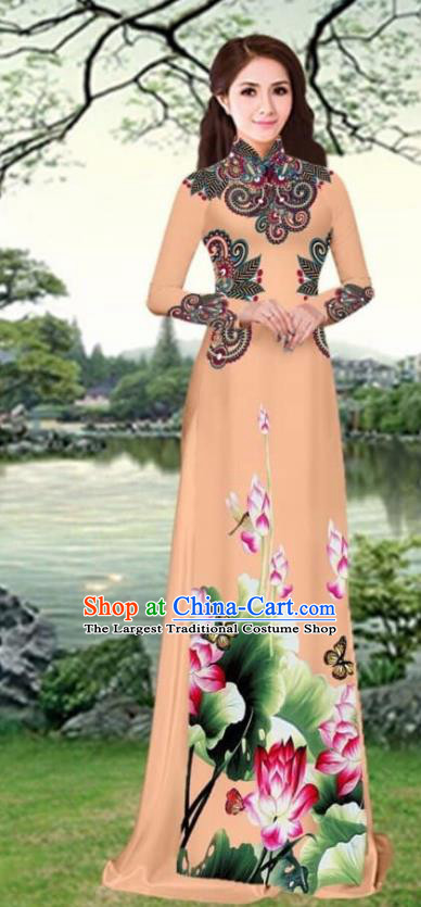 Asian Traditional Vietnam Female Costume Vietnamese Printing Lotus Khaki Cheongsam Ao Dai Qipao Dress for Women