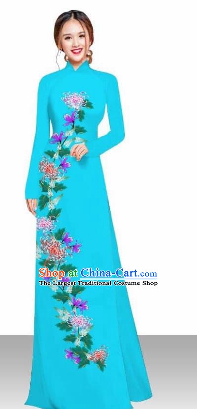 Asian Vietnam Traditional Female Costume Vietnamese Printing Chrysanthemum Blue Ao Dai Qipao Dress for Women