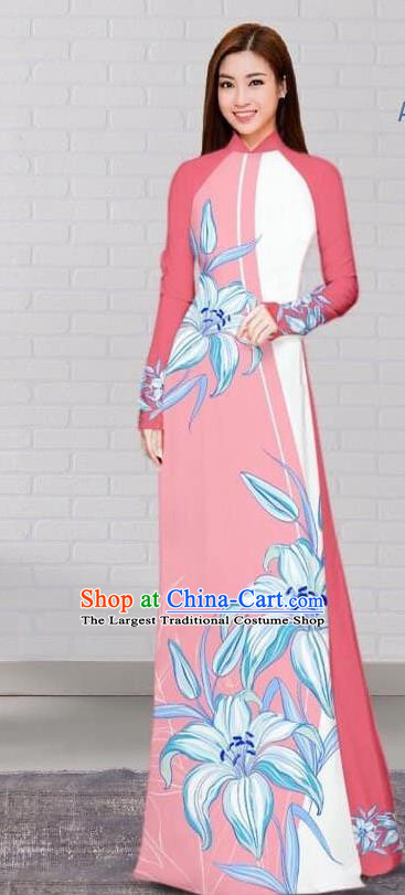 Asian Traditional Vietnam Costume Vietnamese Bride Pink Cheongsam Ao Dai Qipao Dress for Women