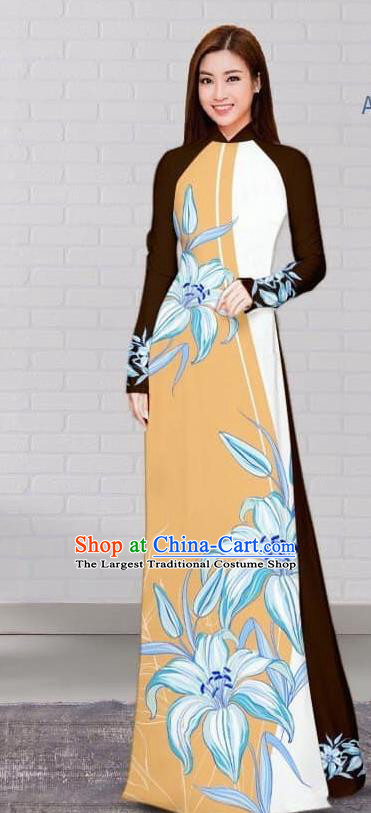 Asian Traditional Vietnam Costume Vietnamese Bride Khaki Cheongsam Ao Dai Qipao Dress for Women