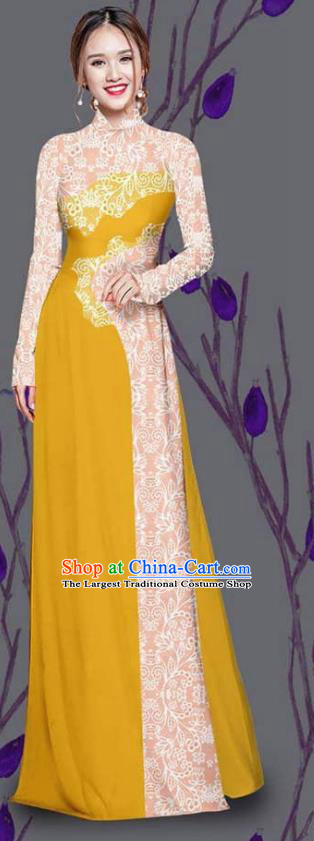 Asian Traditional Vietnam Costume Ao Dai Qipao Dress Vietnamese Bride Lemon Yellow Cheongsam for Women