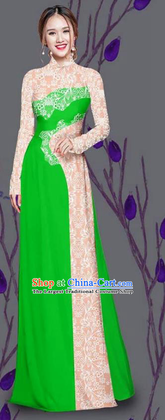 Asian Traditional Vietnam Costume Ao Dai Qipao Dress Vietnamese Bride Deep Green Cheongsam for Women