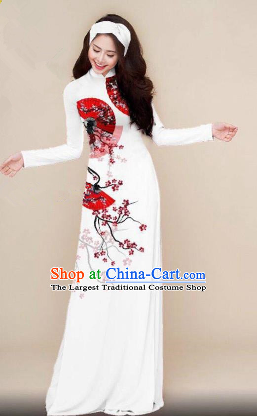 Asian Traditional Vietnam Costume Printing Wintersweet Ao Dai Qipao Dress Vietnamese Bride Cheongsam for Women