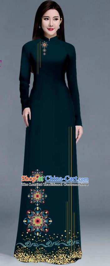 Asian Traditional Vietnam Ao Dai Costume Vietnamese Bride Peacock Green Cheongsam for Women