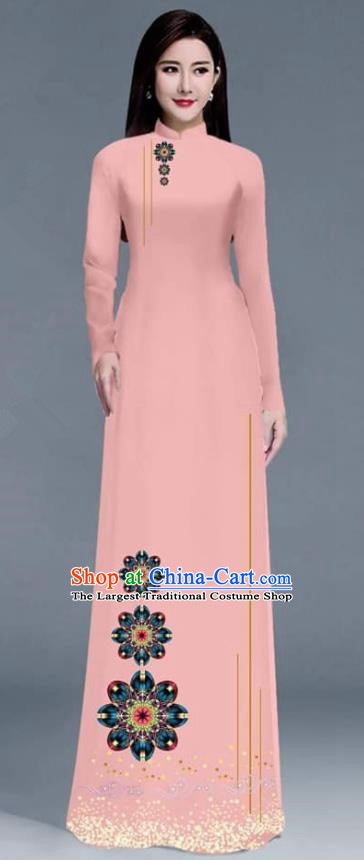 Asian Traditional Vietnam Ao Dai Costume Vietnamese Bride Pink Cheongsam for Women