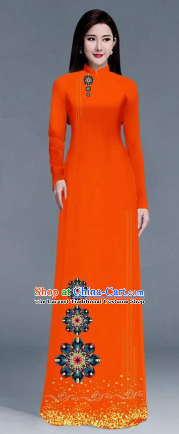 Asian Traditional Vietnam Ao Dai Costume Vietnamese Bride Orange Cheongsam for Women