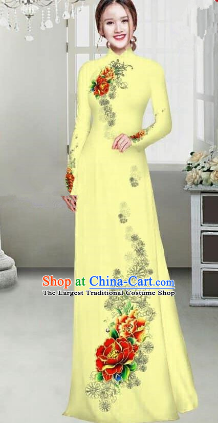 Asian Traditional Vietnam Female Ao Dai Costume Vietnamese Bride Printing Peony Yellow Cheongsam for Women