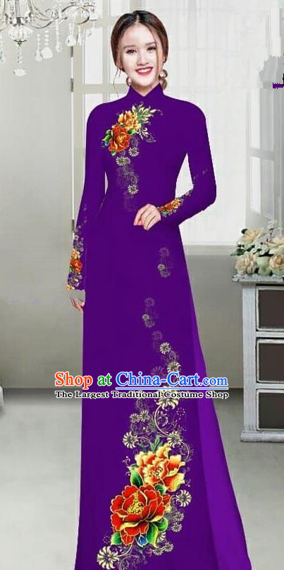 Asian Traditional Vietnam Female Ao Dai Costume Vietnamese Bride Printing Peony Deep Purple Cheongsam for Women