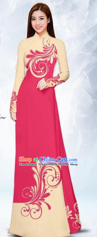 Asian Traditional Vietnam Female Costume Vietnamese Bride Rosy Ao Dai Cheongsam for Women