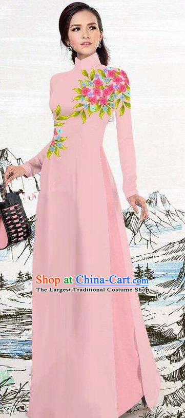 Asian Traditional Vietnam Female Costume Vietnamese Pink Ao Dai Cheongsam for Women