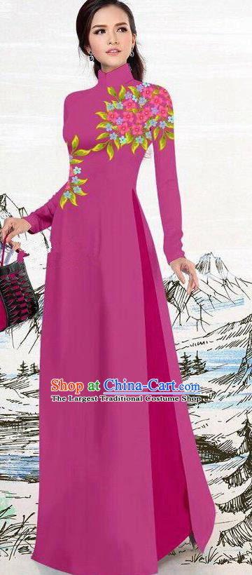 Asian Traditional Vietnam Female Costume Vietnamese Amaranth Ao Dai Cheongsam for Women