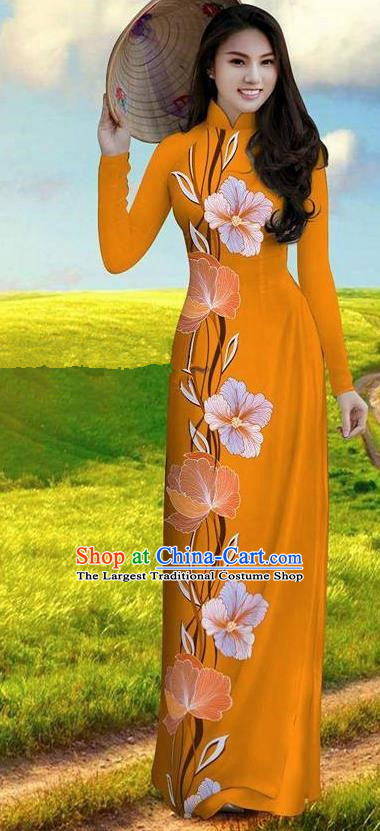 Vietnam Traditional Bride Costume Orange Qipao Dress Vietnamese Printing Morning Glory Ao Dai Cheongsam for Women