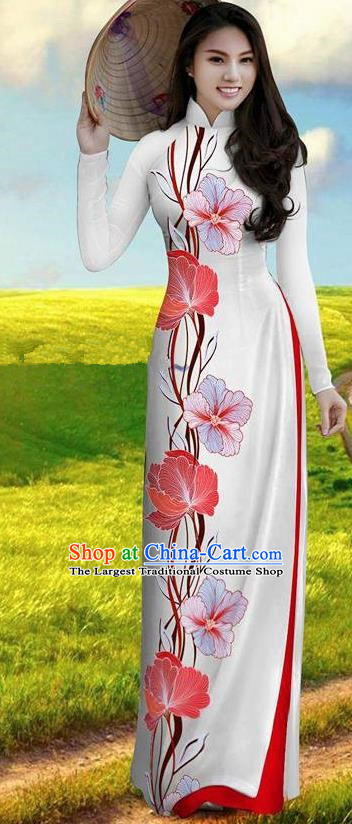 Vietnam Traditional Bride Costume Rosy Ao Dai Qipao Dress Vietnamese Printing Morning Glory Cheongsam for Women