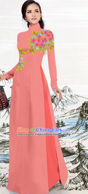 Asian Traditional Vietnam Female Costume Vietnamese Watermelon Red Ao Dai Cheongsam for Women