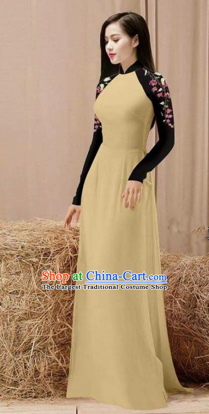 Vietnam Traditional Costume Khaki Ao Dai Qipao Dress Vietnamese Cheongsam for Women