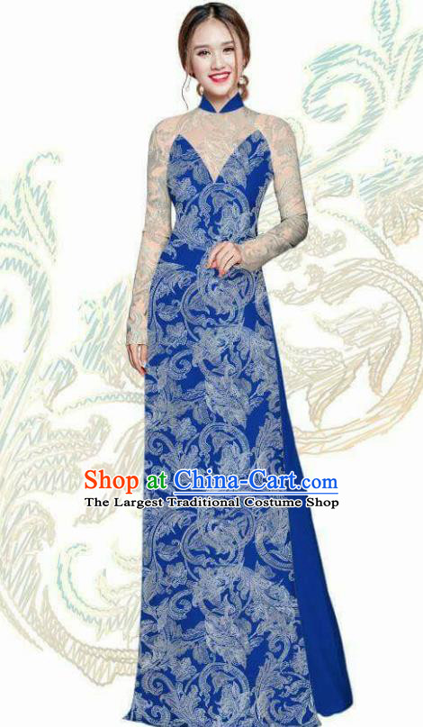 Vietnam Traditional Bride Costume Vietnamese Royalblue Ao Dai Qipao Dress Cheongsam for Women