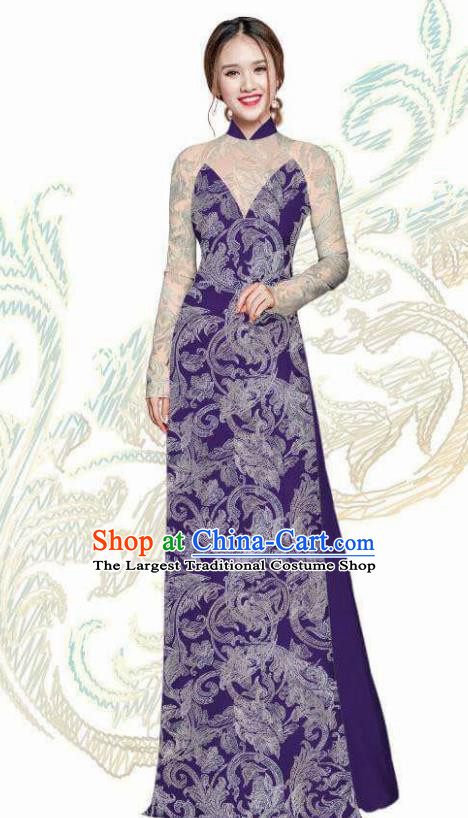 Vietnam Traditional Bride Costume Vietnamese Purple Ao Dai Qipao Dress Cheongsam for Women