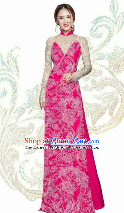 Vietnam Traditional Bride Costume Vietnamese Rosy Ao Dai Qipao Dress Cheongsam for Women