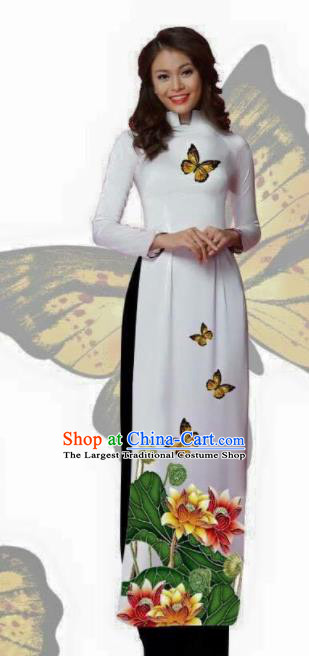 Vietnam Traditional Bride Costume Vietnamese Printing Lotus White Ao Dai Qipao Dress Cheongsam for Women