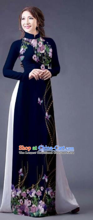 Vietnam Traditional Bride Costume Vietnamese Printing Navy Ao Dai Qipao Dress Cheongsam for Women