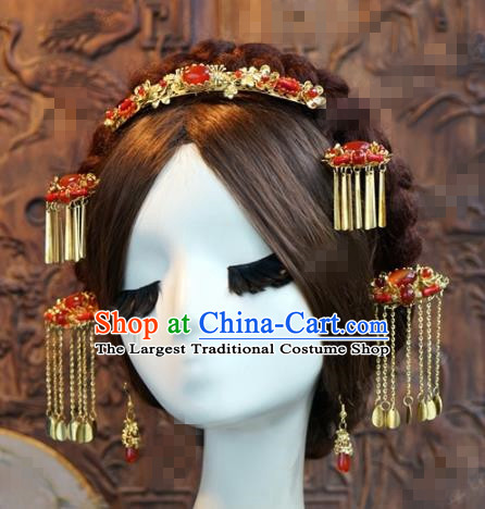 Chinese Ancient Bride Hair Accessories Wedding Tassel Step Shake Agate Hairpins Complete Set for Women