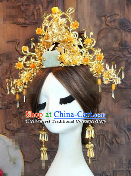 Chinese Ancient Queen Golden Jade Phoenix Coronet Wedding Bride Hairpins Headdress for Women