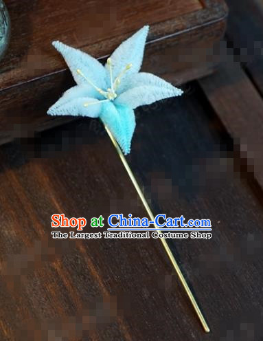 Chinese Ancient Queen Hair Clip Wedding Bride Headdress Blue Velvet Flower Hairpins for Women