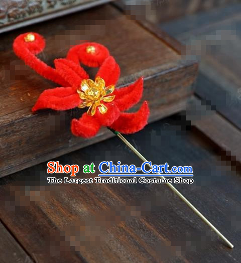 Chinese Ancient Queen Red Velvet Flower Hair Clip Wedding Bride Headdress Hairpins for Women