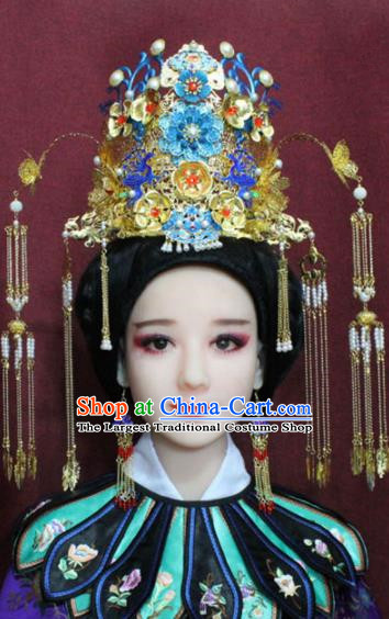 Chinese Ancient Imperial Consort Blueing Phoenix Coronet Ming Dynasty Palace Wedding Hairpins Complete Set for Women