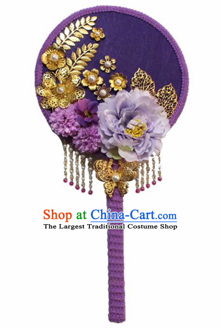 Chinese Traditional Purple Palace Fans Ancient Wedding Round Fans Jewelry Accessories for Women