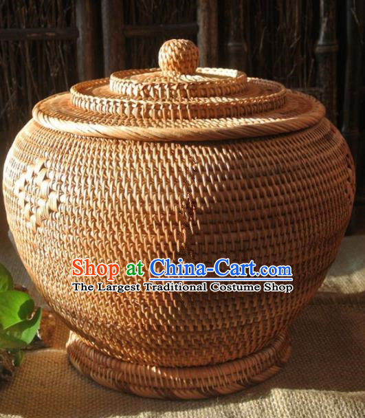 Asian Vietnamese Traditional Craft Rattan Tea Canister Straw Plaited Storage Box