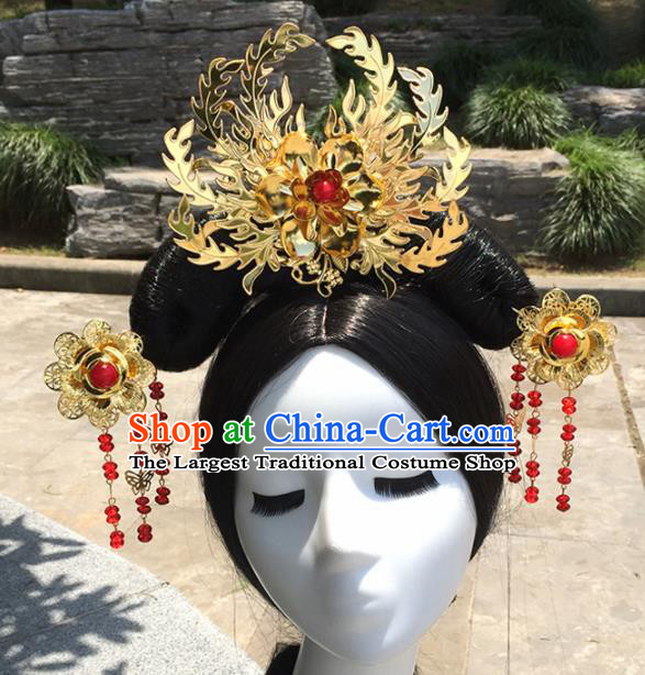 Chinese Ancient Tang Dynasty Queen Hair Accessories Golden Hairpins Phoenix Coronet for Women