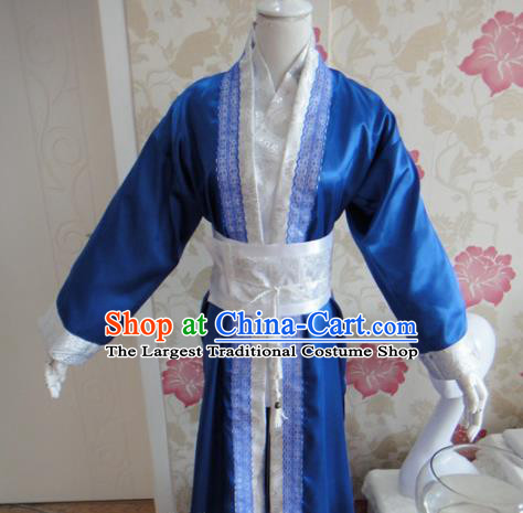 Chinese Traditional Cosplay Assassin Costumes Ancient Swordsman Blue Clothing for Men