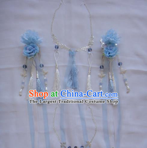 Chinese Traditional Classical Hair Accessories Ancient Princess Blue Flowers Hairpins for Women