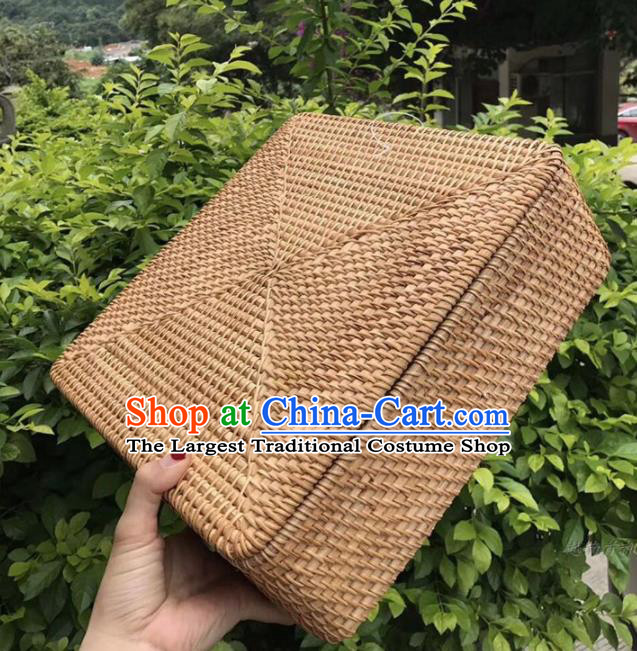 Asian Vietnamese Traditional Rattan Craft Artware Straw Plaited Square Tea Box