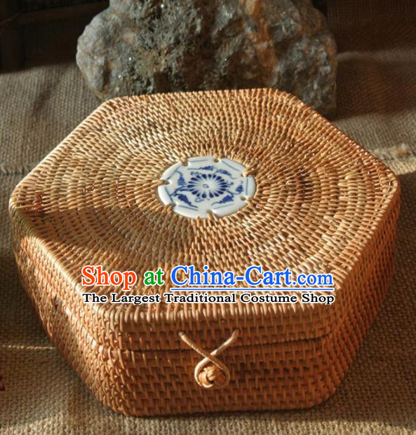 Asian Vietnamese Traditional Craft Rattan Artware Straw Plaited Storage Box