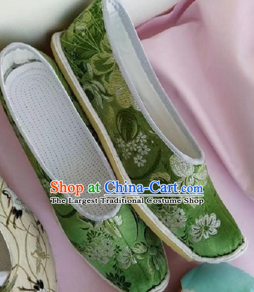 Chinese Traditional Hanfu Shoes Embroidered Shoes Handmade Green Satin Shoes for Women