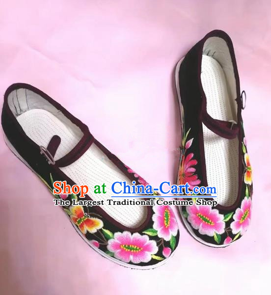 Chinese Traditional Hanfu Shoes Embroidered Peony Shoes Handmade Black Cloth Shoes for Women