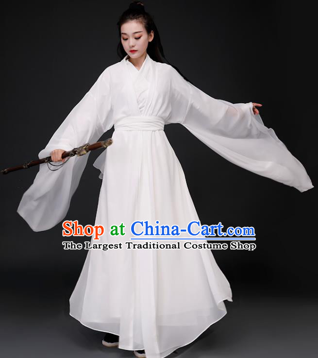 Chinese Ancient Drama Peri Goddess White Dress Traditional Jin Dynasty Swordswoman Costumes for Women