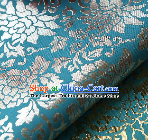 Traditional Asian Classical Gilding Pattern Blue Brocade Cloth Drapery Korean Hanbok Palace Satin Silk Fabric